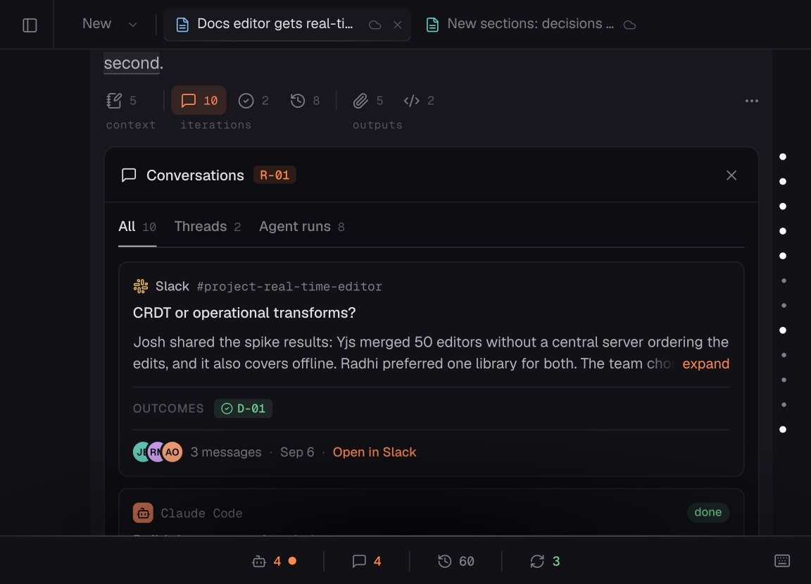 A Slack thread synced into a requirement's conversations, with the decision it updated